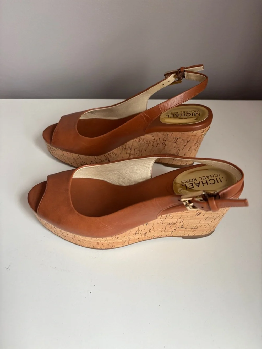 Michael Kors Brown Leather Cork Wedge Slingback Sandals